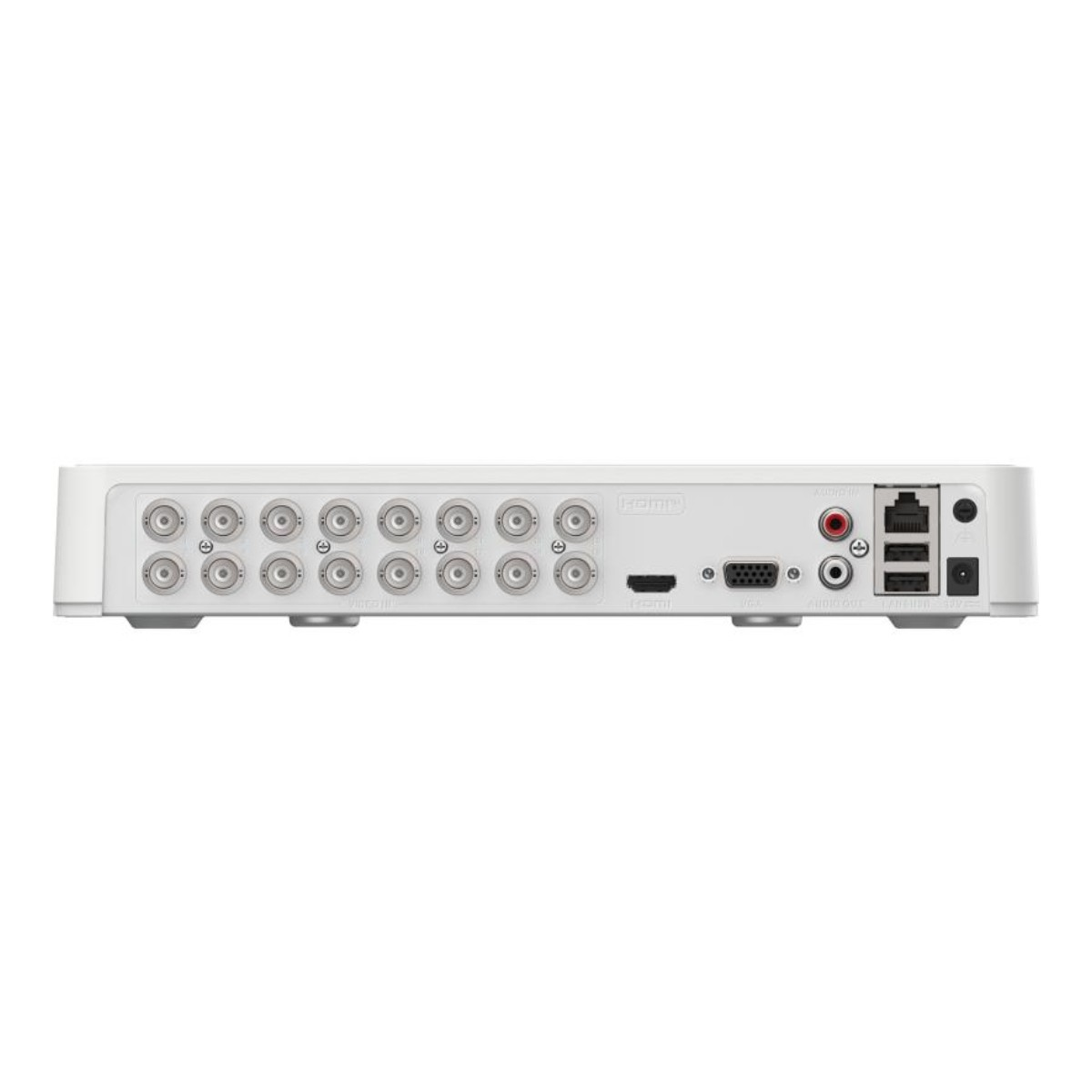 Pannello posteriore bianco DVR con 16 porte BNC, connettori HDMI, VGA, audio e rete.