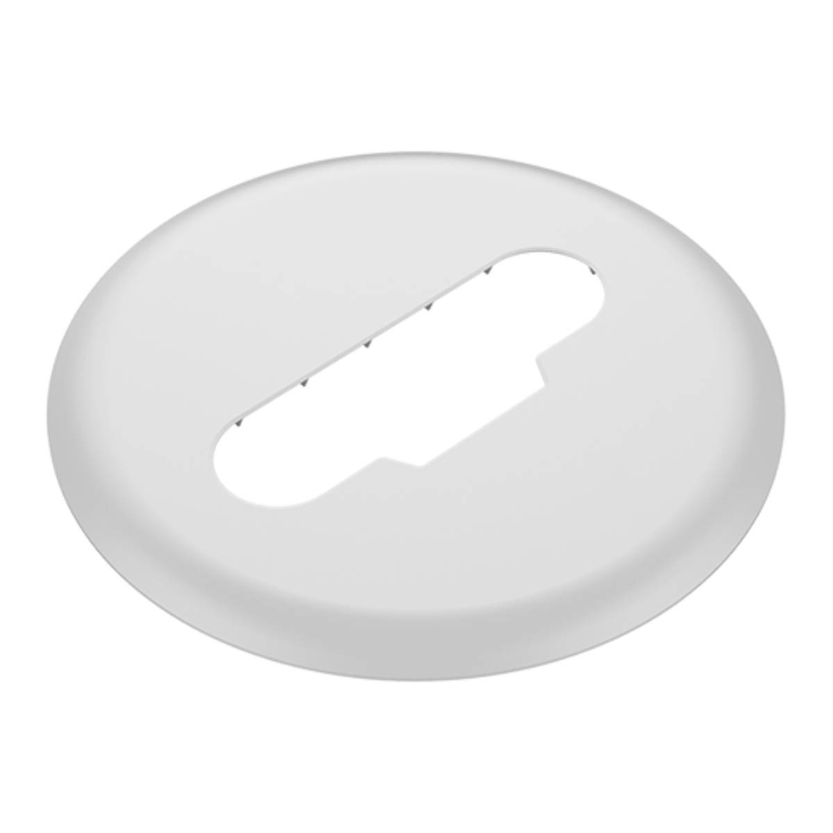 Un coperchio ovale bianco con un'apertura allungata e a fessura.