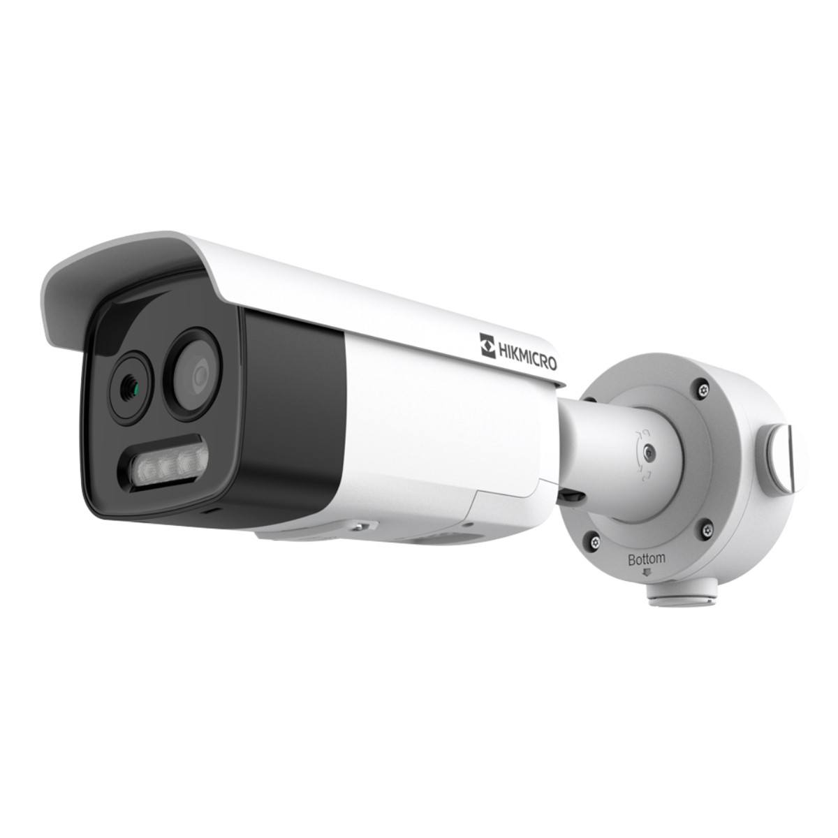 Una telecamera di sicurezza HIKMICRO bianca con parte anteriore nera e lenti e luci visibili.