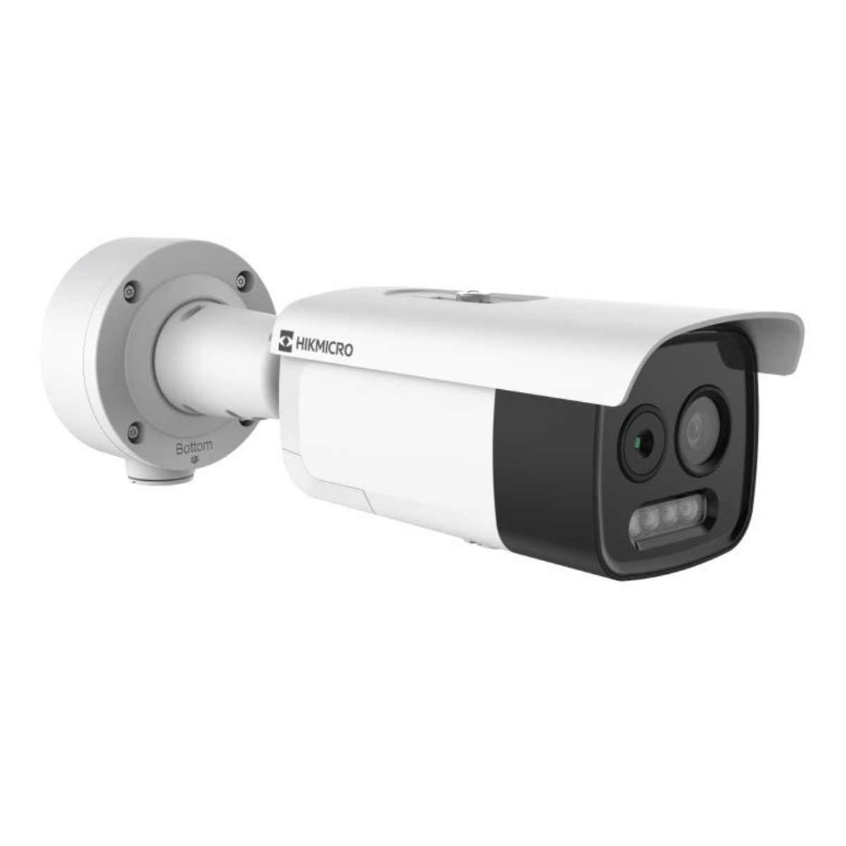 Telecamera di sicurezza bianca Hikmicro con obiettivo, luci e staffa.