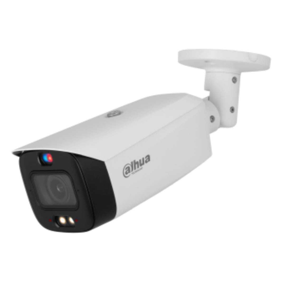 Una telecamera di sicurezza Dahua bianca con pannello frontale nero e LED.