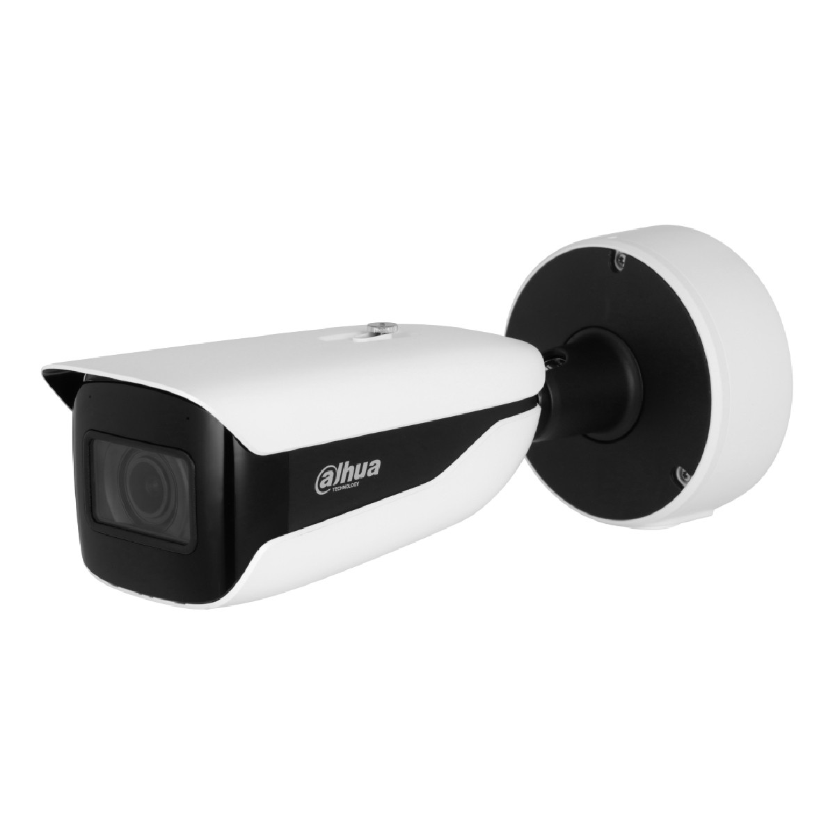 Telecamera di sicurezza Dahua bianca con lente e supporto neri, su sfondo bianco.