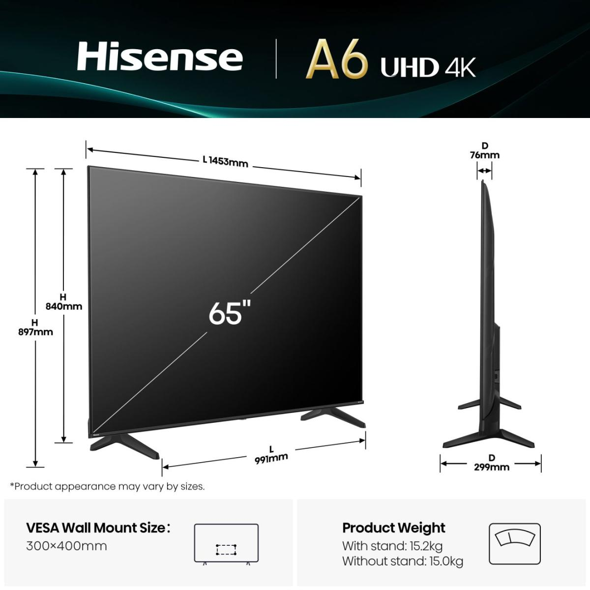 Vista laterale di un TV Hisense UHD 4K da 65 pollici con dimensioni.