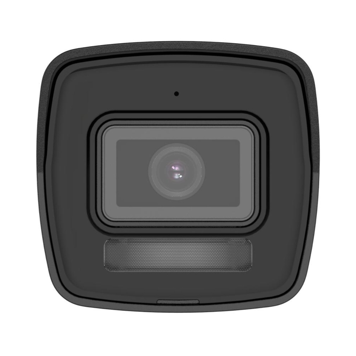 Telecamera di sicurezza nera con lente e microfono.