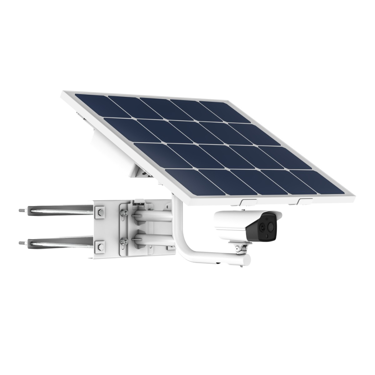 Telecamera di sicurezza con pannello solare bianco e staffa.