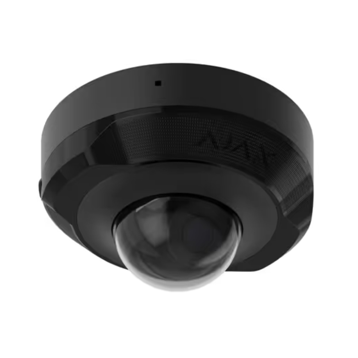 Telecamera di sicurezza a cupola nera con fascia testurizzata e lente riflettente.