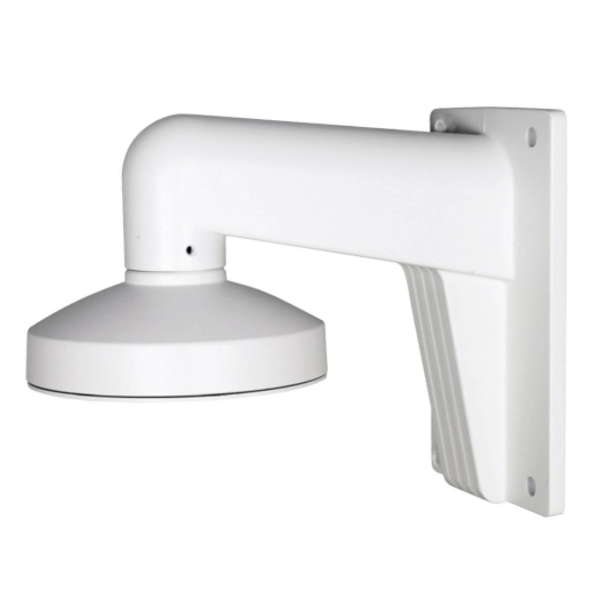 Staffa a muro bianca per telecamera di sicurezza con collo d'oca e base arrotondata.