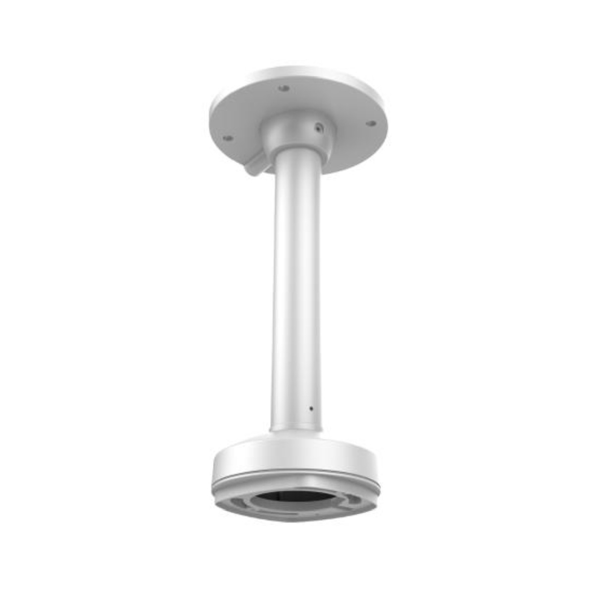 Supporto a soffitto bianco per telecamera con palo cilindrico e base rotonda.