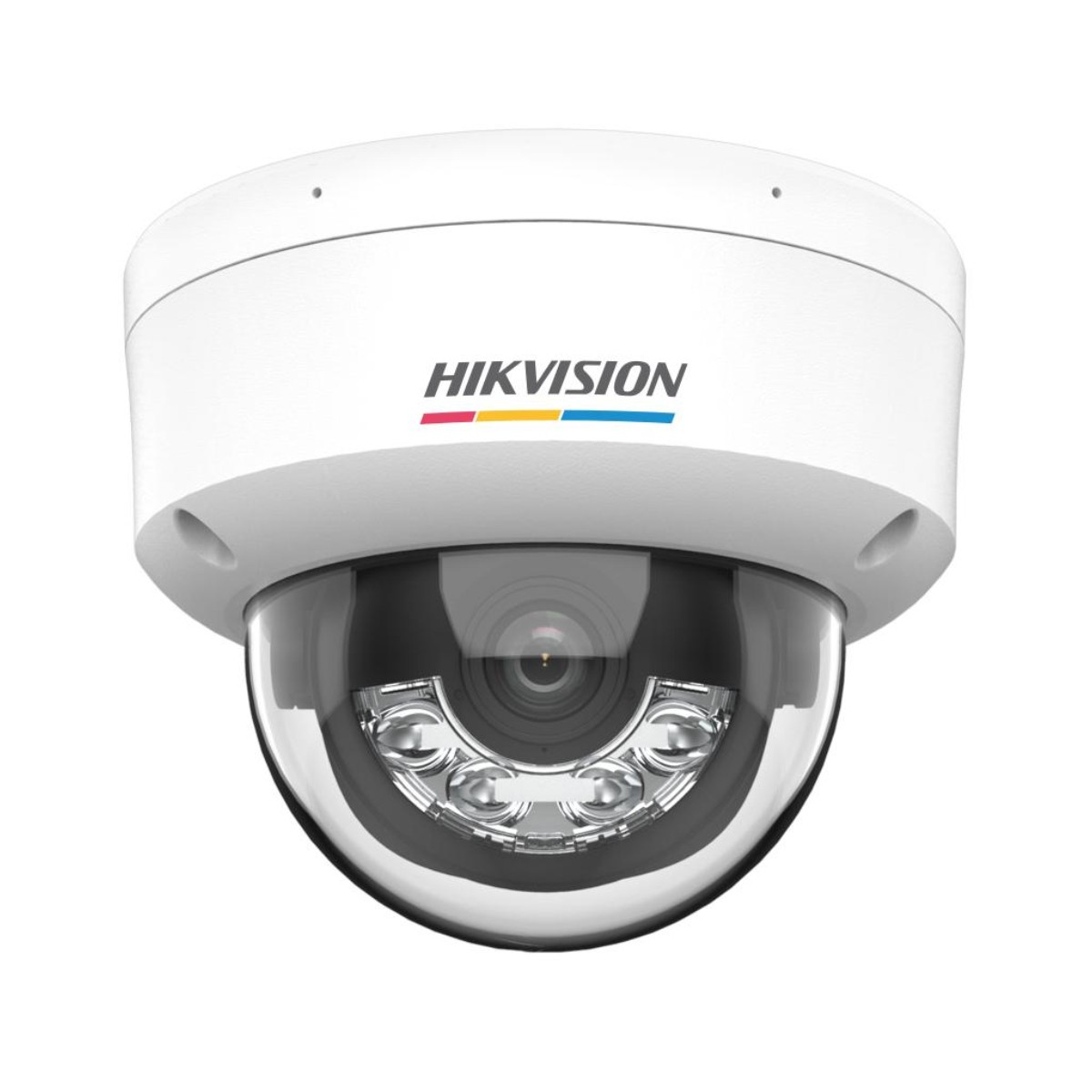 Una telecamera dome Hikvision bianca con cupola trasparente e LED visibili.