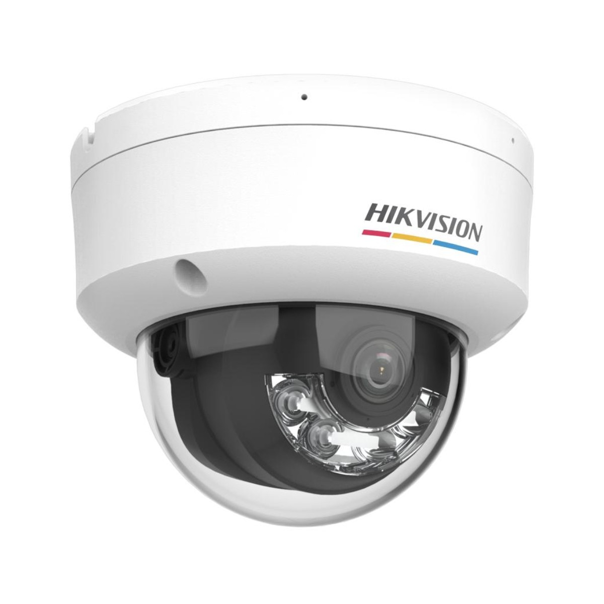 Una telecamera di sicurezza HIKVISION bianca a cupola con copertura trasparente.