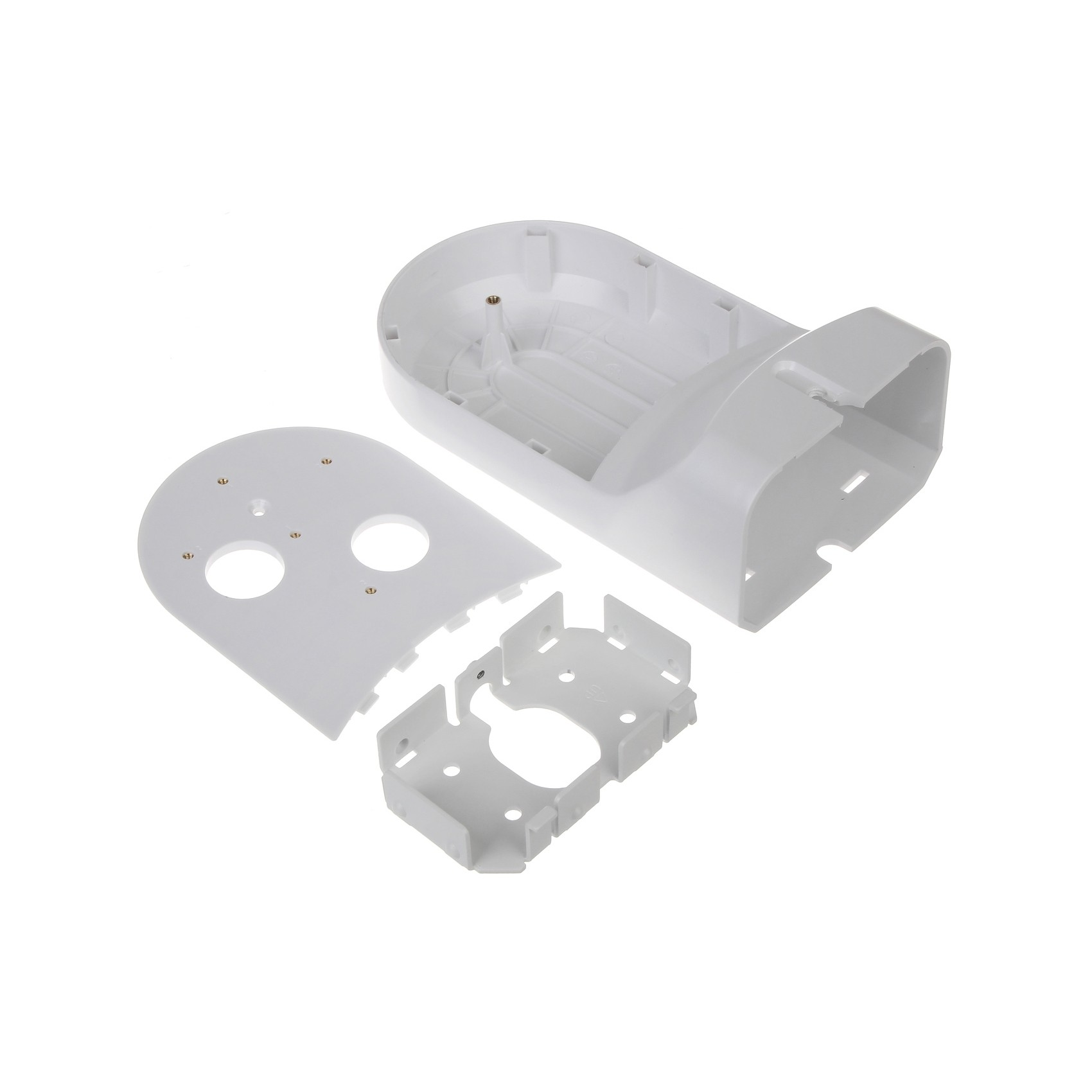 Tre componenti in plastica bianca per un dispositivo elettronico, disposti su sfondo bianco.