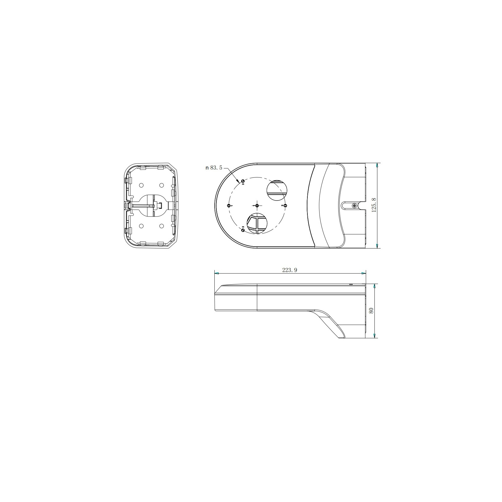Disegno tecnico di un dispositivo di 223,9 x 125,8 x 80 mm.