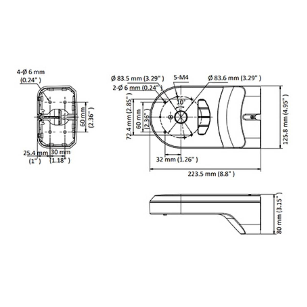 Disegno tecnico con dimensioni di un dispositivo. Mostra viste dall'alto, frontale e laterale.