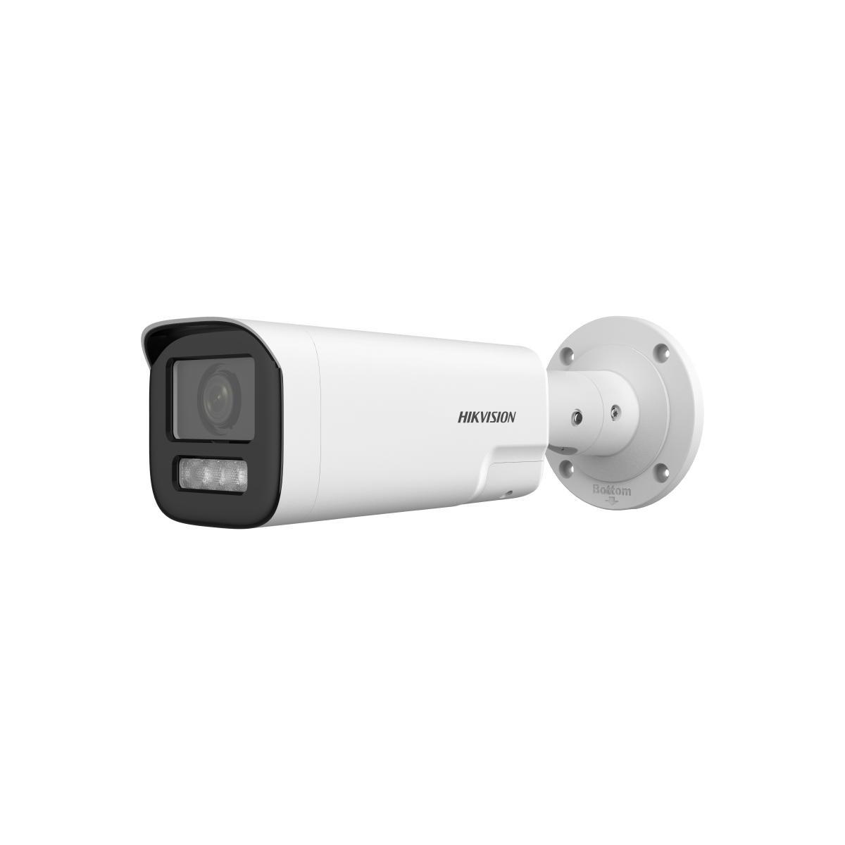 Lensli ve ışıklı beyaz bir Hikvision güvenlik kamerası.