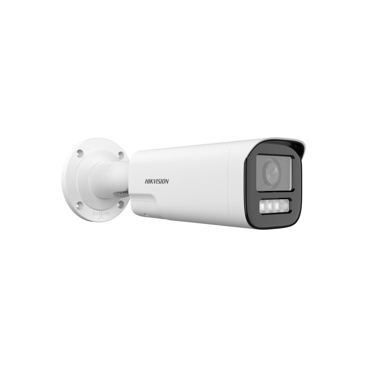 Lensli, LED'li ve montaj braketli beyaz Hikvision güvenlik kamerası.