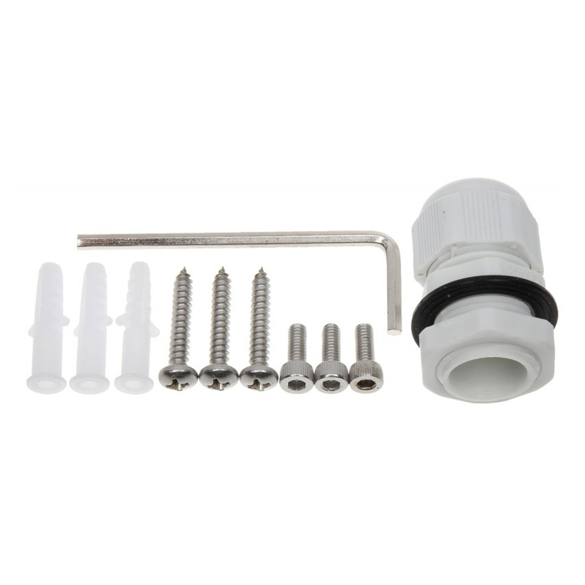 Un juego de tornillos, tacos, una llave Allen y un conector de prensaestopas blanco.