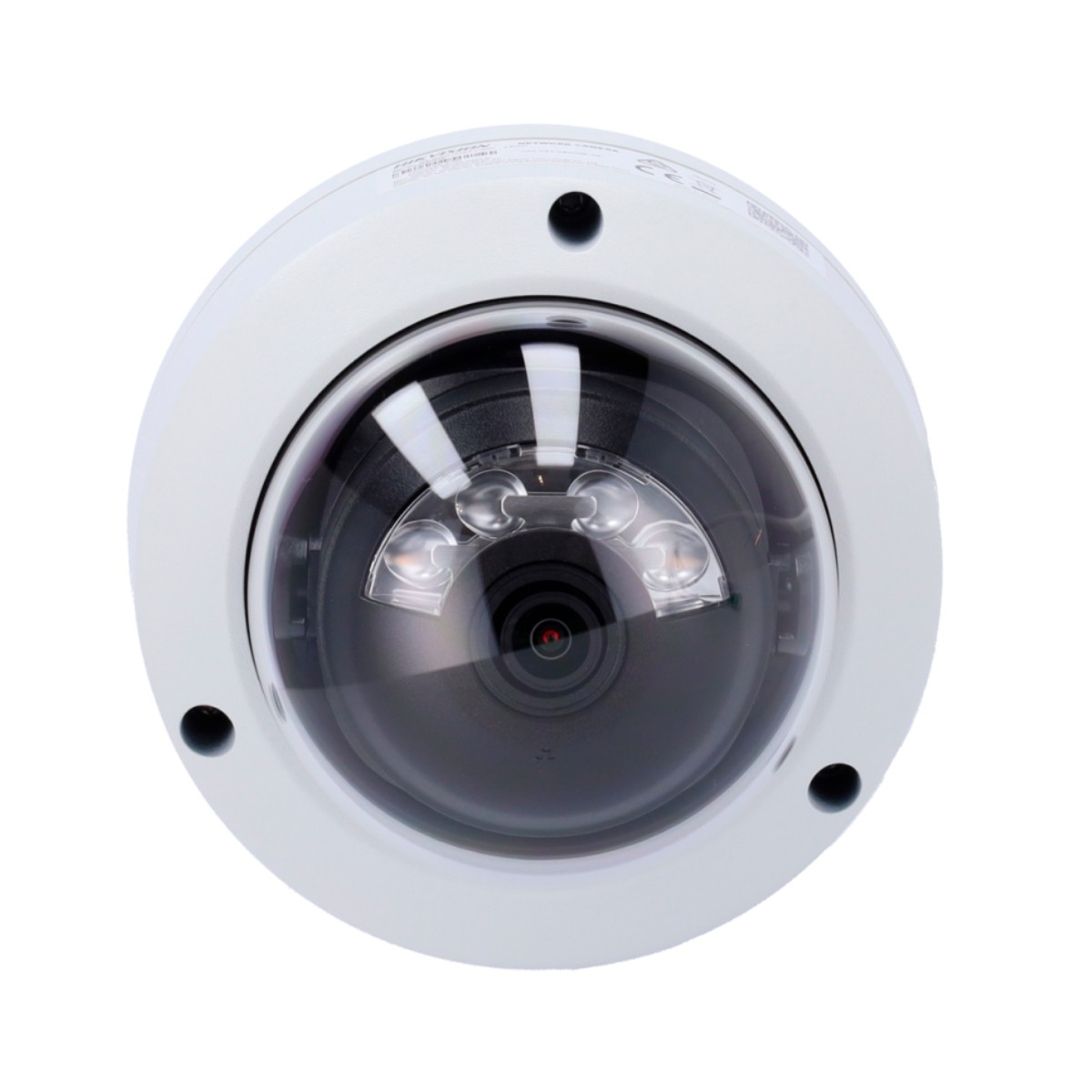 Telecamera di sicurezza a cupola bianca con lente nera e LED IR.