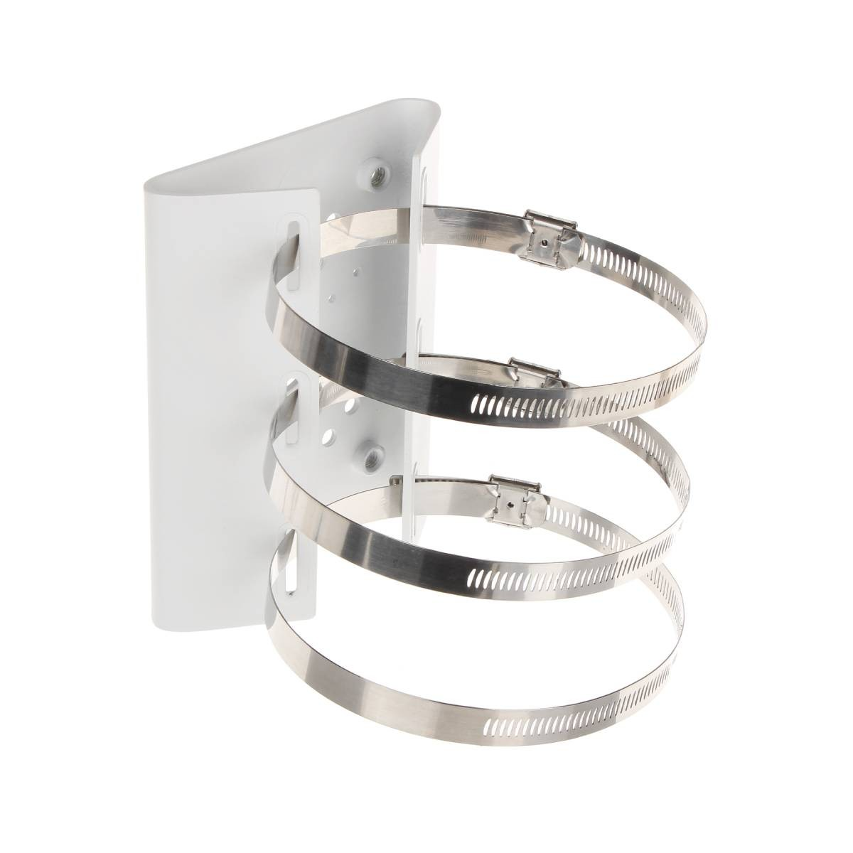 Staffa bianca con tre fascette metalliche regolabili su sfondo bianco.