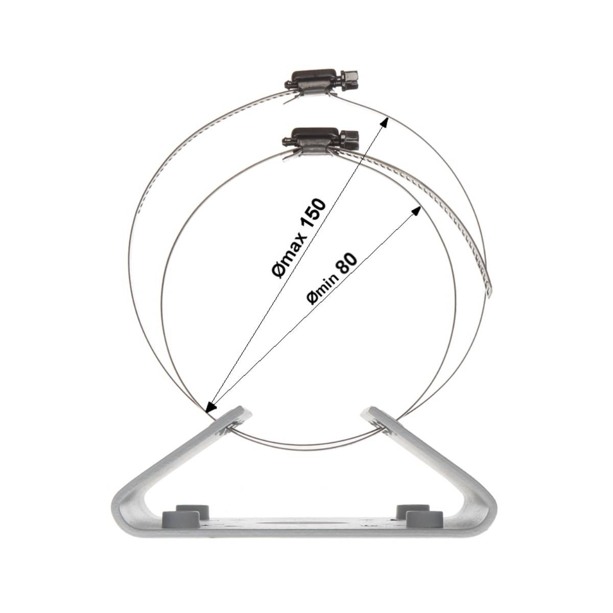 Due fascette stringitubo in acciaio inox con viti nere su staffa argentata.