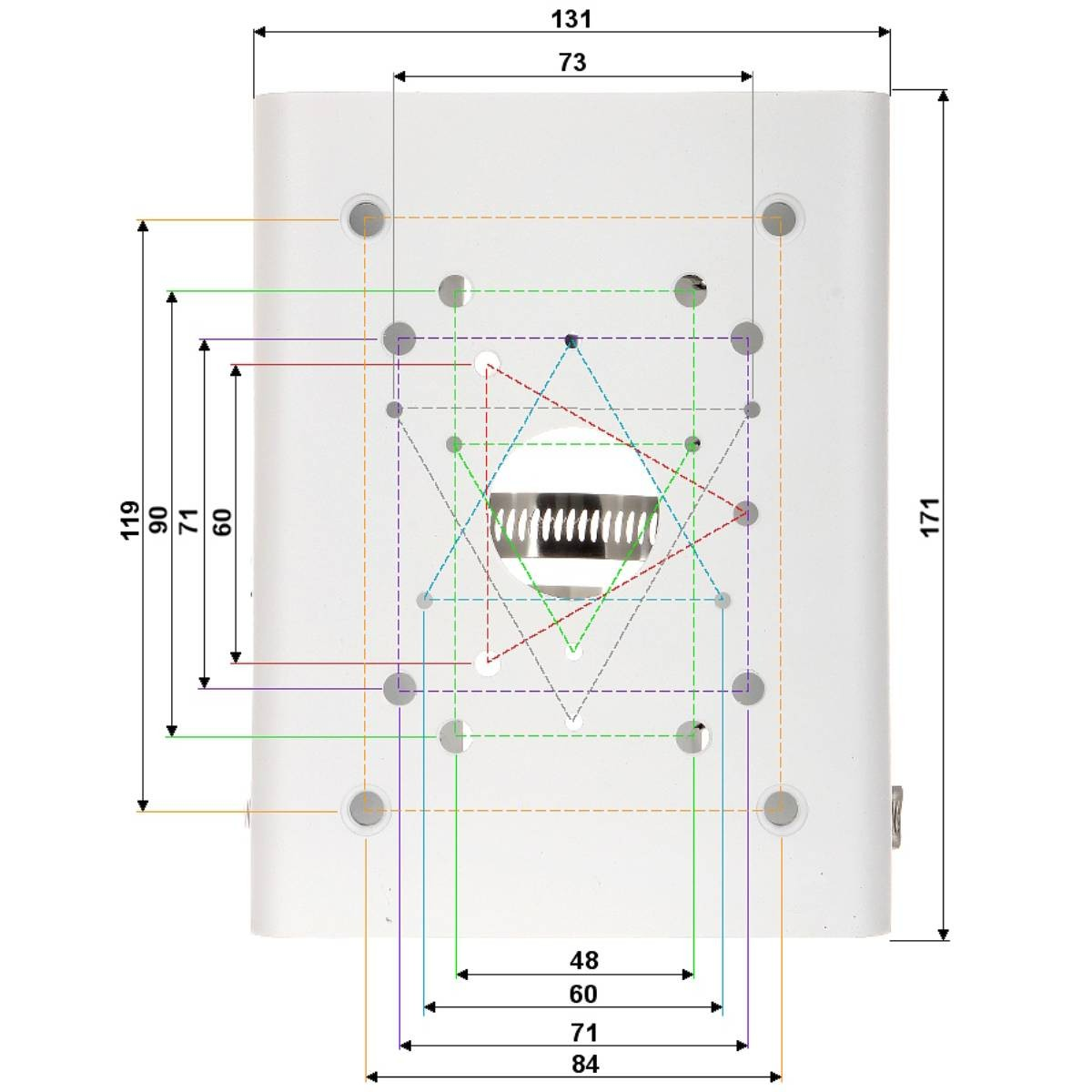 Disegno tecnico di un alloggiamento bianco con dimensioni e linee di montaggio.