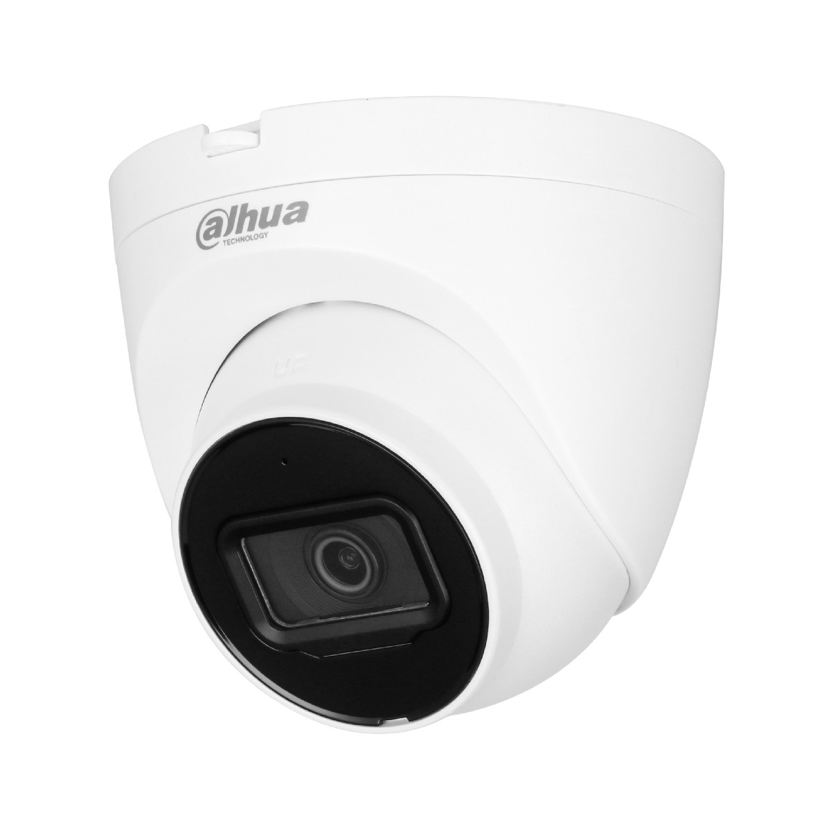 Cámara de seguridad blanca con lente negra y logo Dahua.