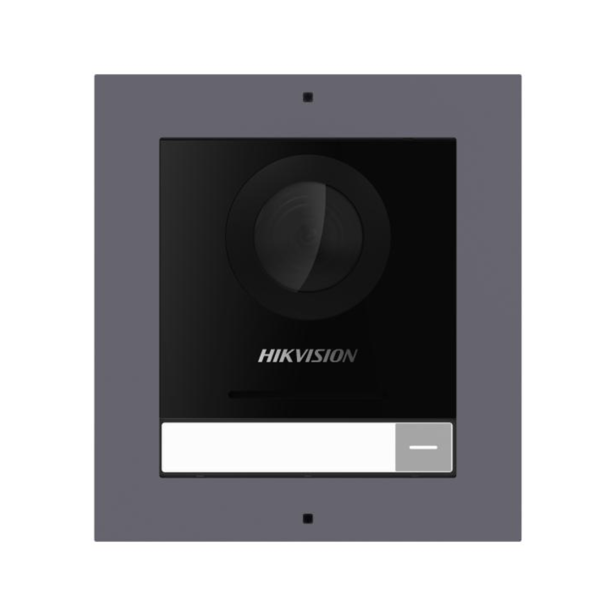Un videocitofono Hikvision con telecamera e targhetta.