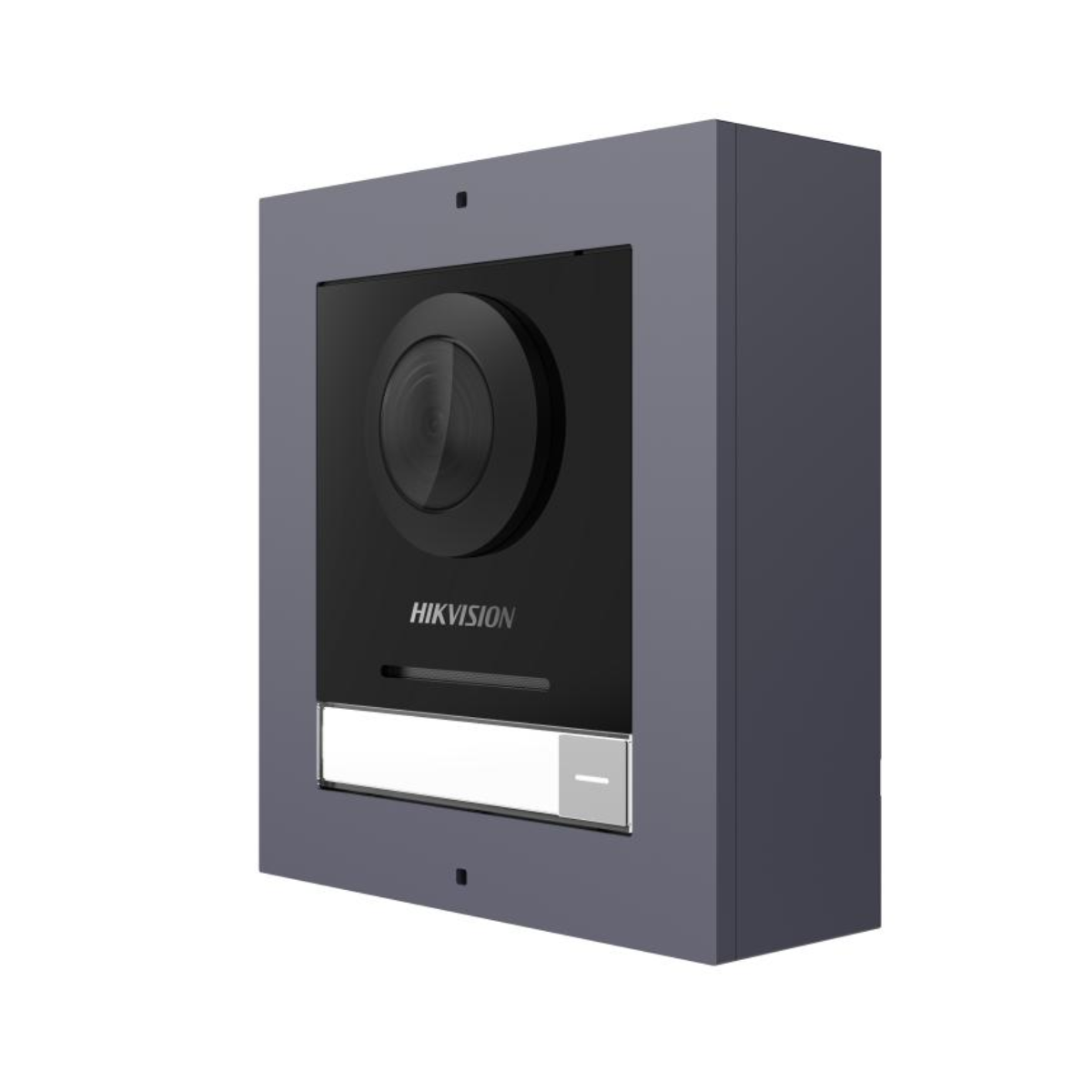Un modulo citofonico Hikvision con telecamera e targhetta su sfondo grigio.