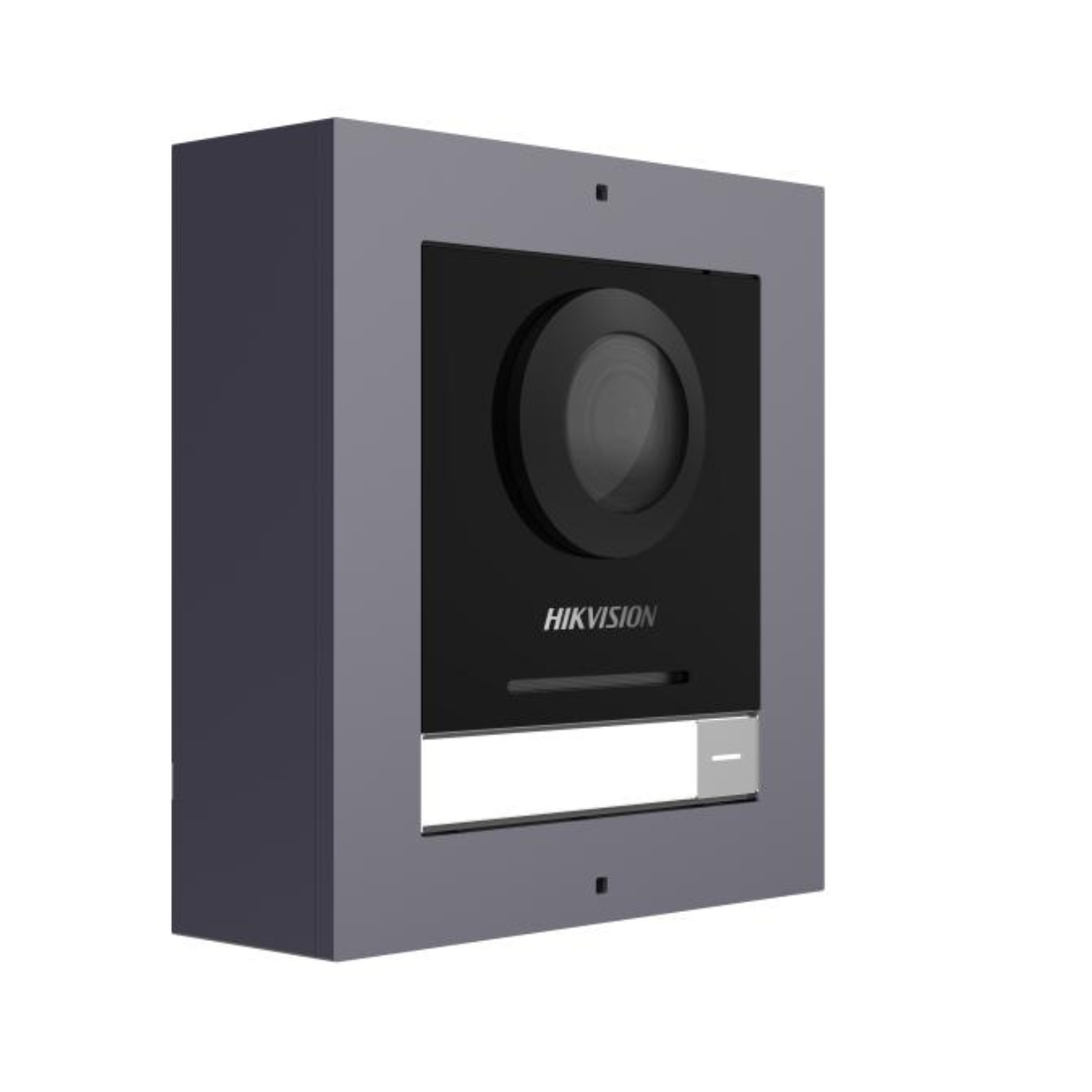 Un modulo videocitofono Hikvision in cornice grigia, con telecamera e targhetta nome.