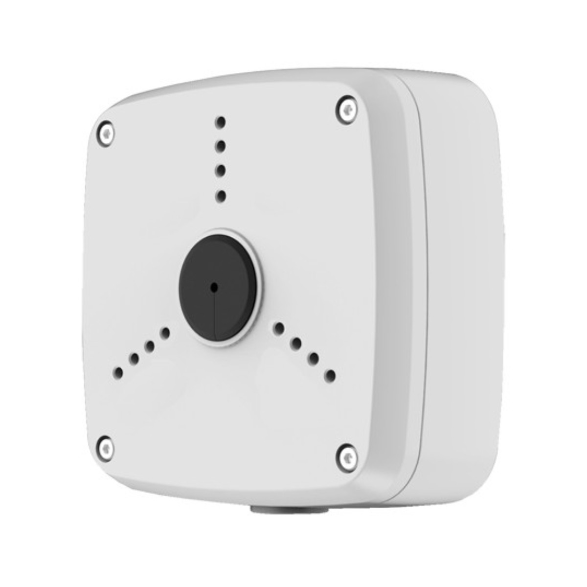 Dispositivo quadrato bianco con lente centrale nera e quattro spie luminose sopra e sotto.