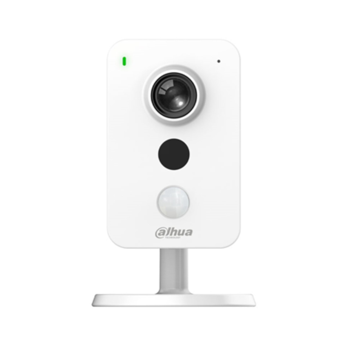 Una telecamera di sicurezza Dahua bianca con spia verde, obiettivo, sensore nero e rilevatore di movimento.