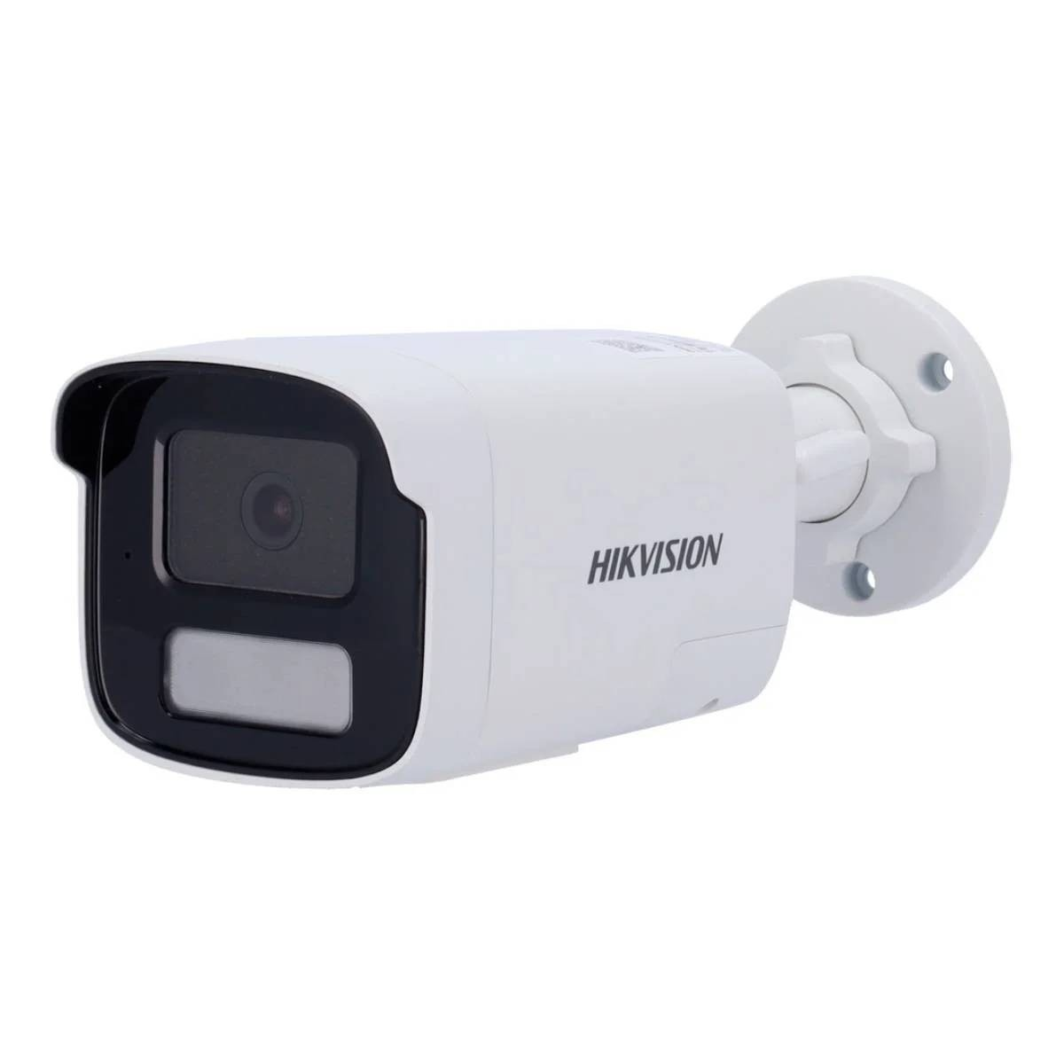 Una telecamera di sicurezza Hikvision bianca con obiettivo e supporto.