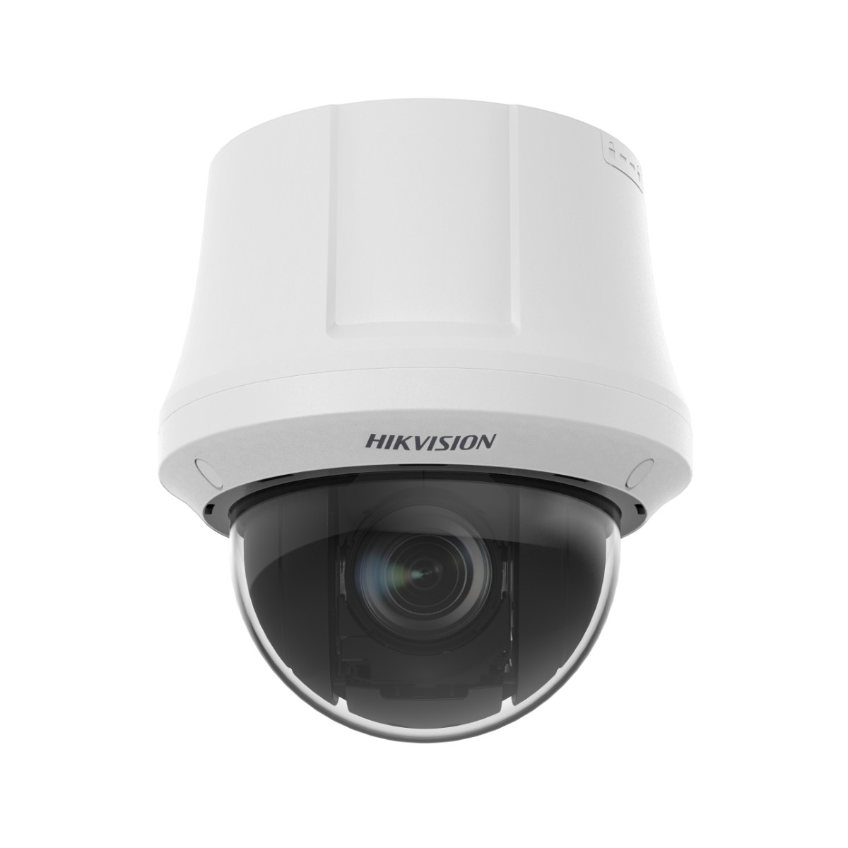 Telecamera di sicurezza bianca Hikvision a cupola con obiettivo, isolata.