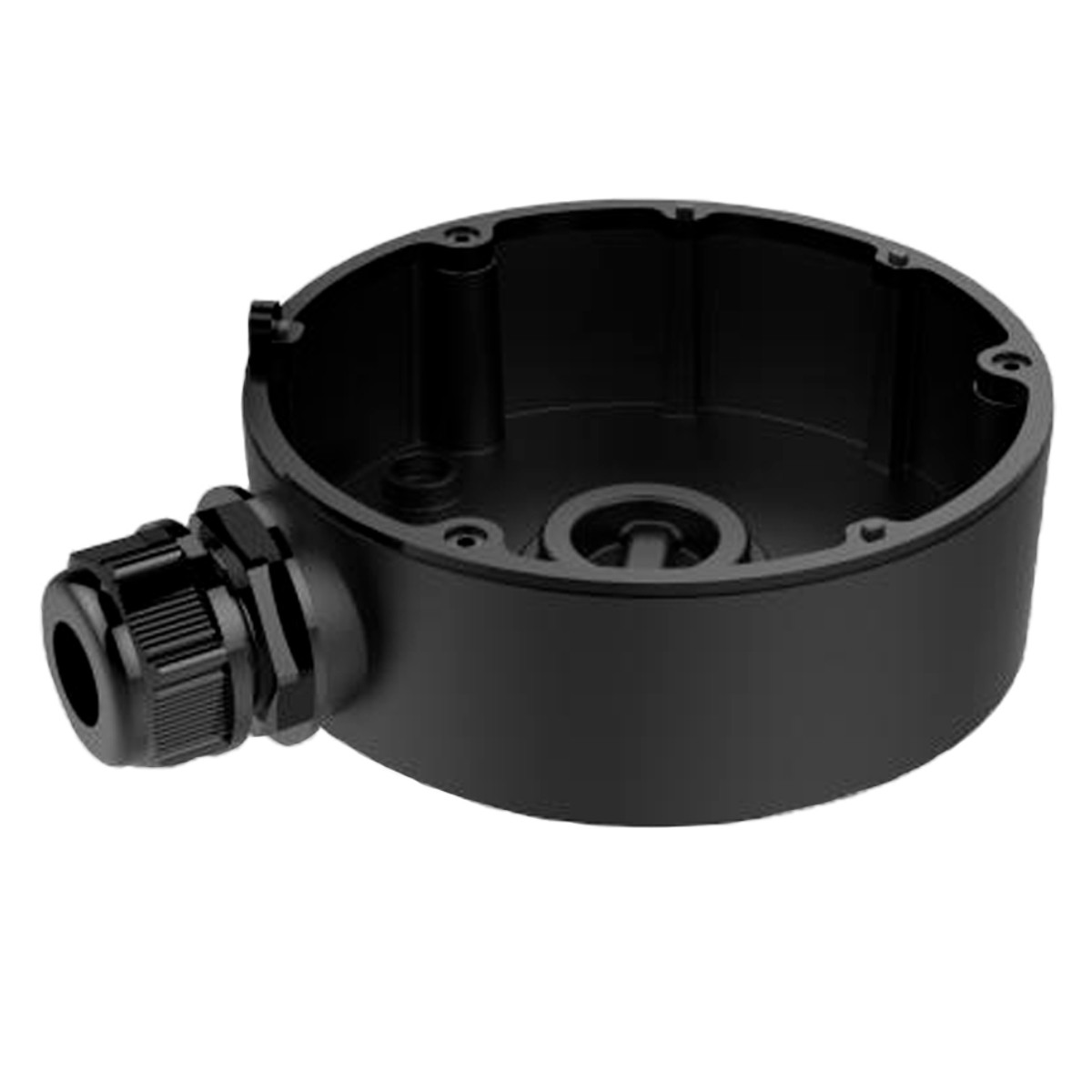 Scatola di derivazione elettrica rotonda nera con pressacavo.