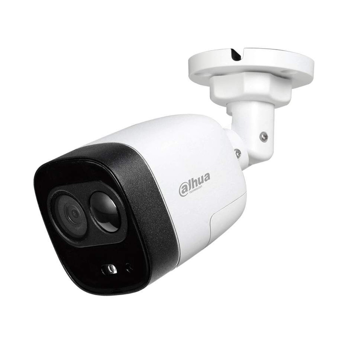 Una telecamera di sicurezza bianca con frontale nero e logo Dahua.