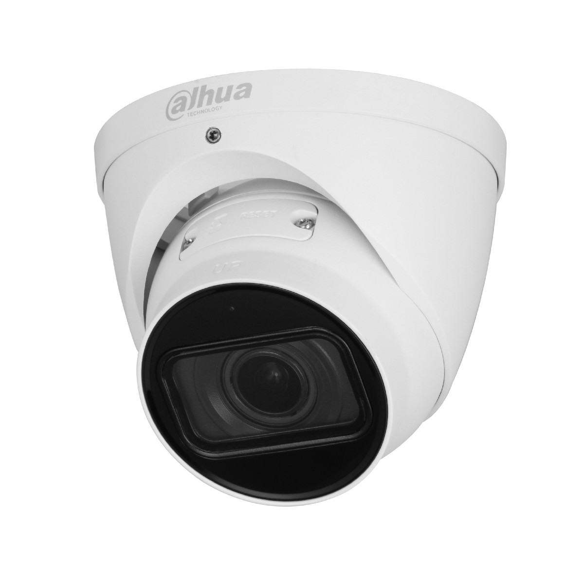 Telecamera di sicurezza bianca con logo Dahua e lente nera, su sfondo bianco.