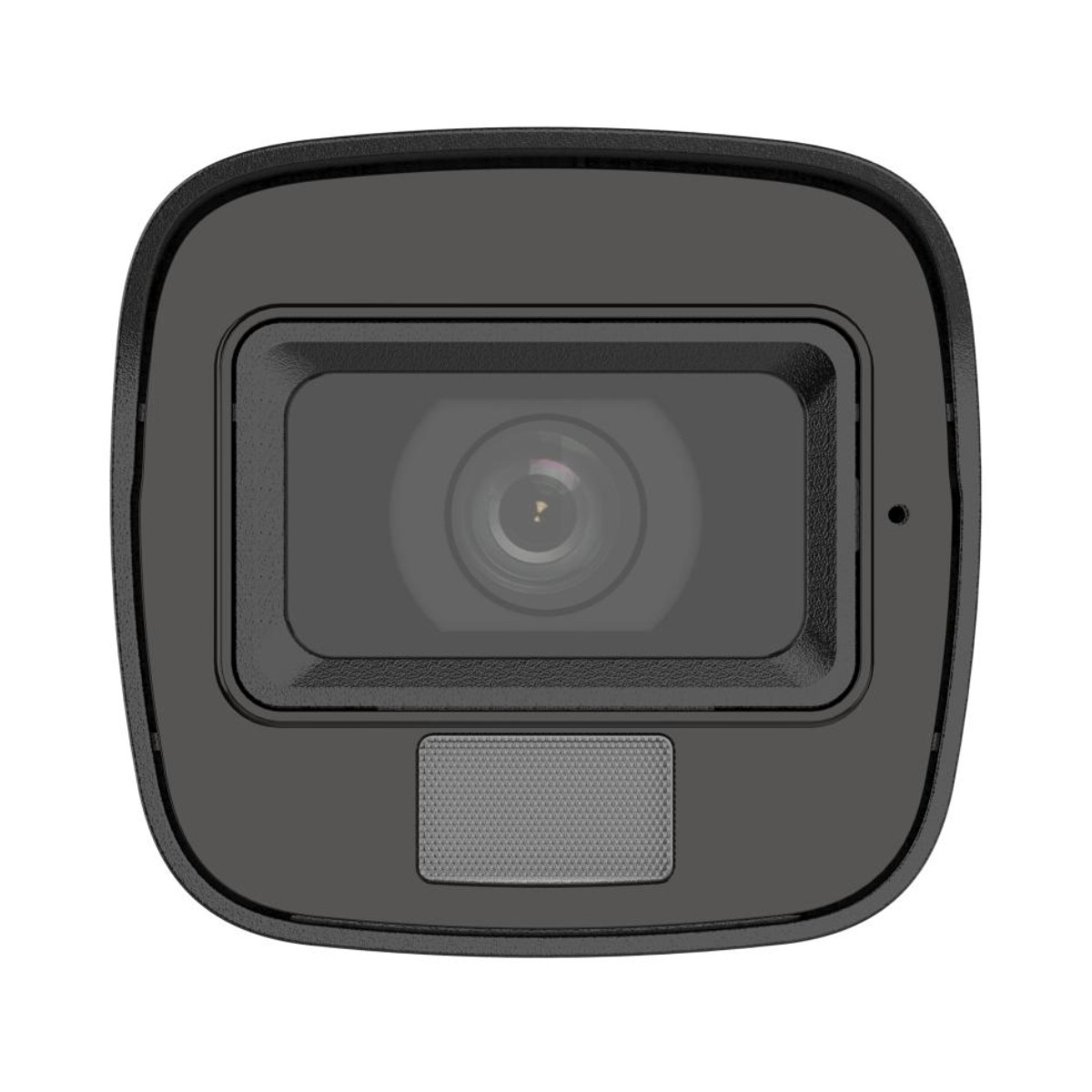 Una telecamera di sicurezza nera con obiettivo rettangolare e una piccola area testurizzata grigia.