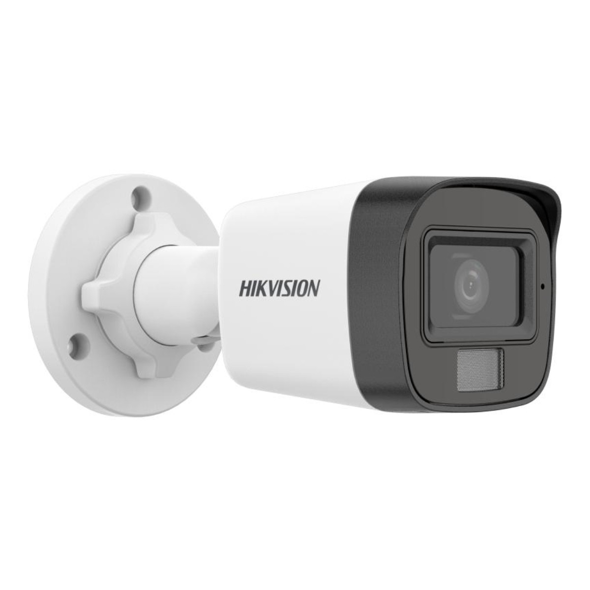 Una telecamera di sorveglianza Hikvision bianca con frontale e lente neri.
