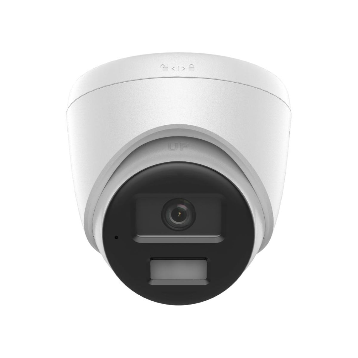 Cámara de seguridad blanca con frontal, lente y LEDs IR negros.