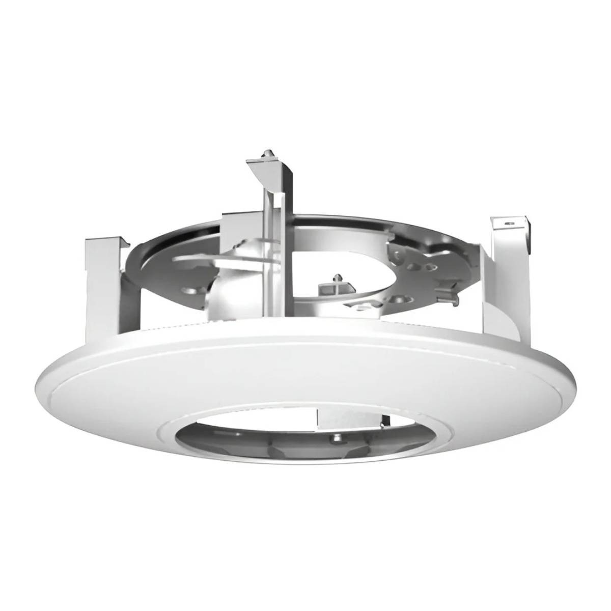 Supporto circolare bianco per soffitto con struttura interna in metallo argentato e clip.