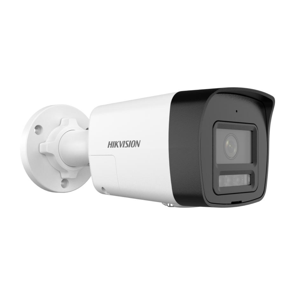 Siyah kasalı ve lensli beyaz bir HIKVISION güvenlik kamerası.