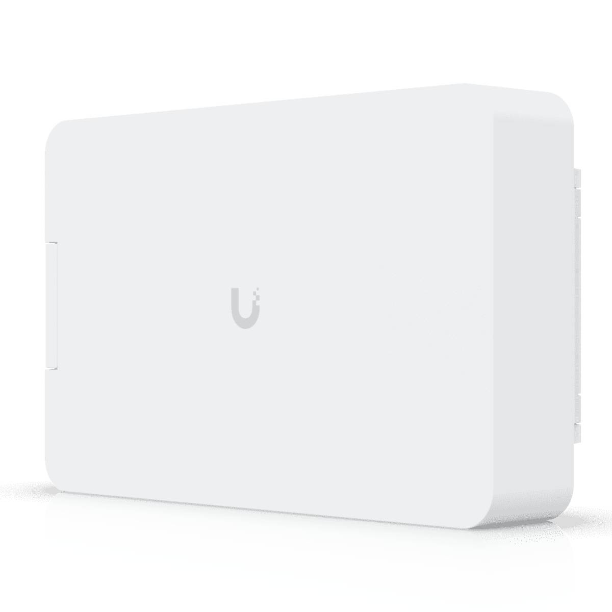 Un dispositivo rettangolare bianco con logo grigio a forma di U sulla parte anteriore.