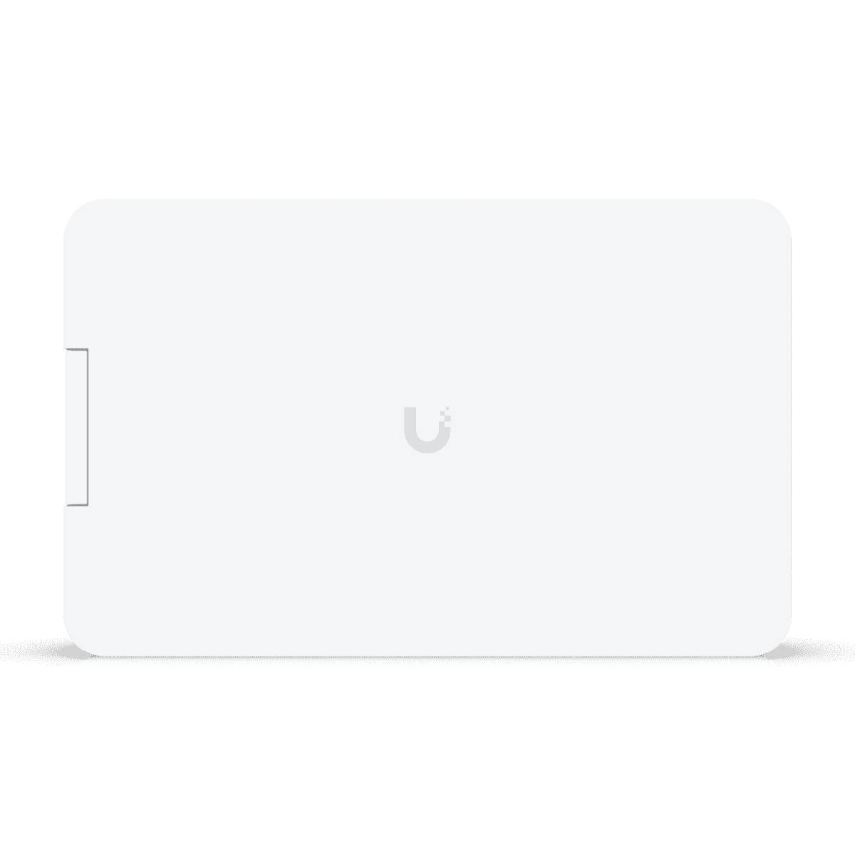 Un dispositivo bianco rettangolare con angoli arrotondati e un logo al centro.