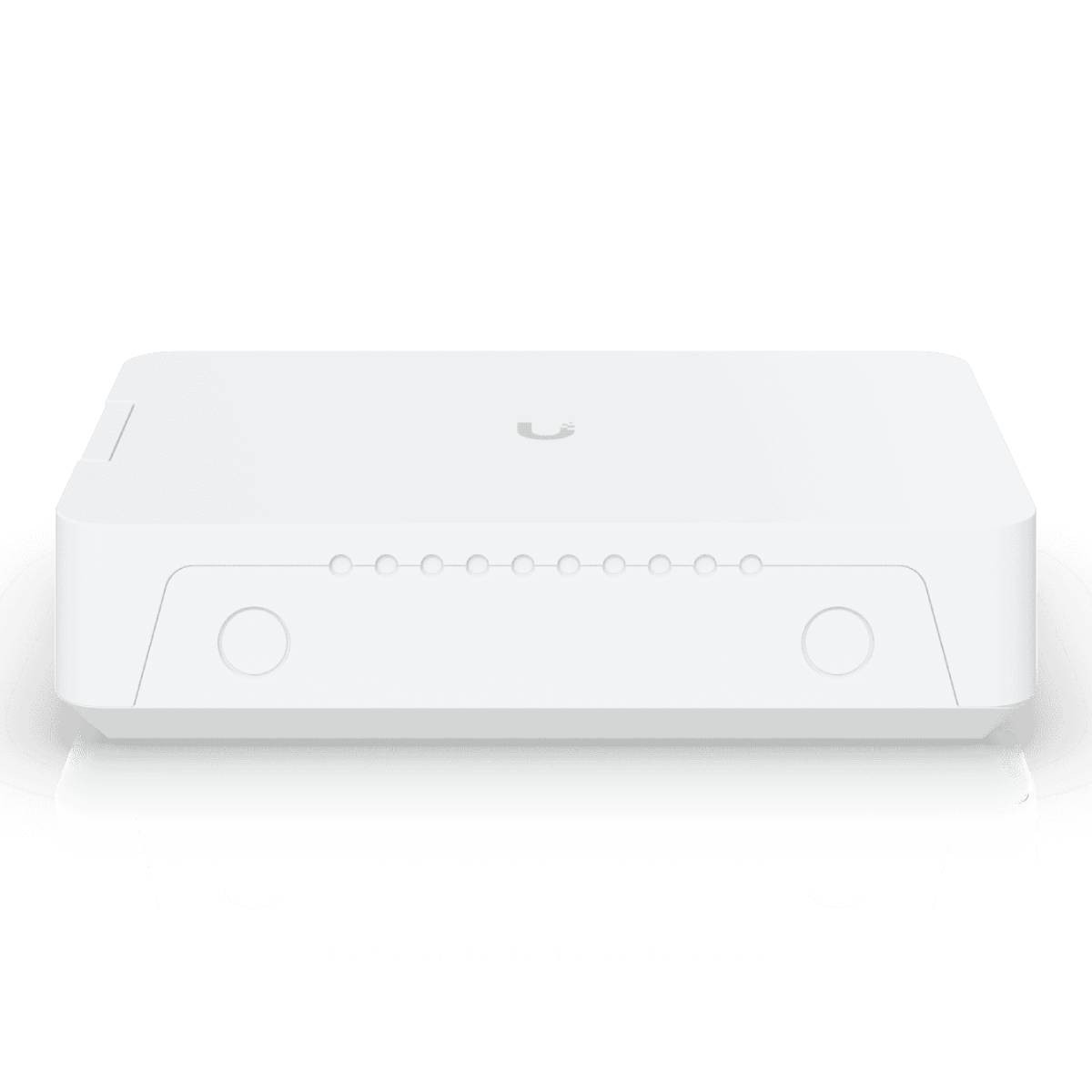 Uno switch di rete bianco con diverse piccole spie e due pulsanti circolari.
