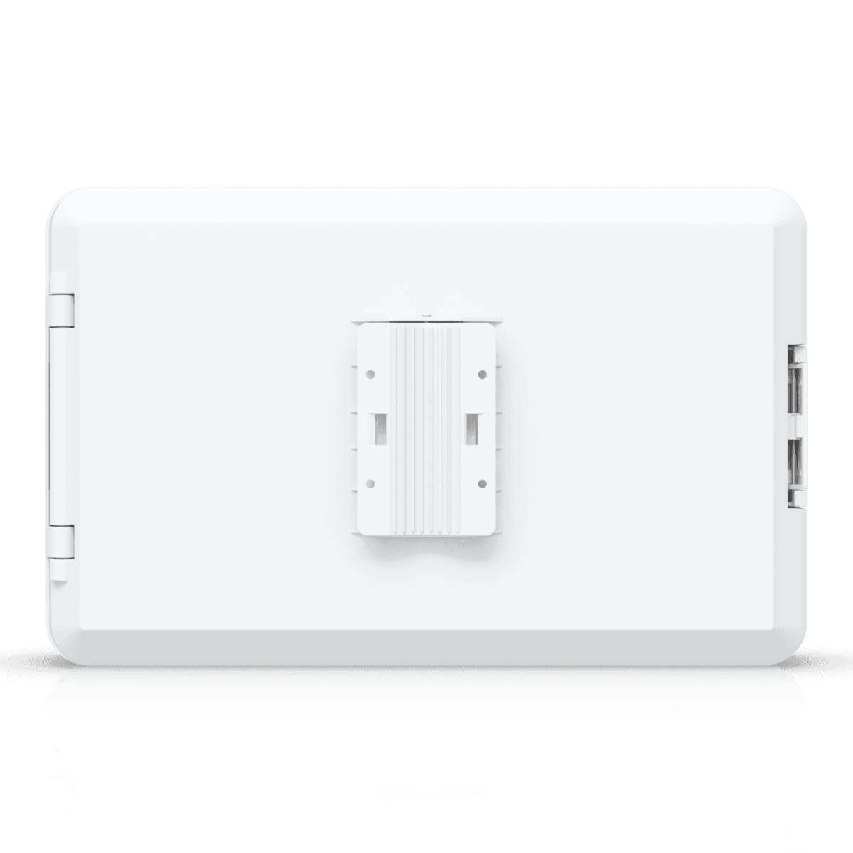 Retro di un dispositivo bianco con staffa di montaggio e porte.