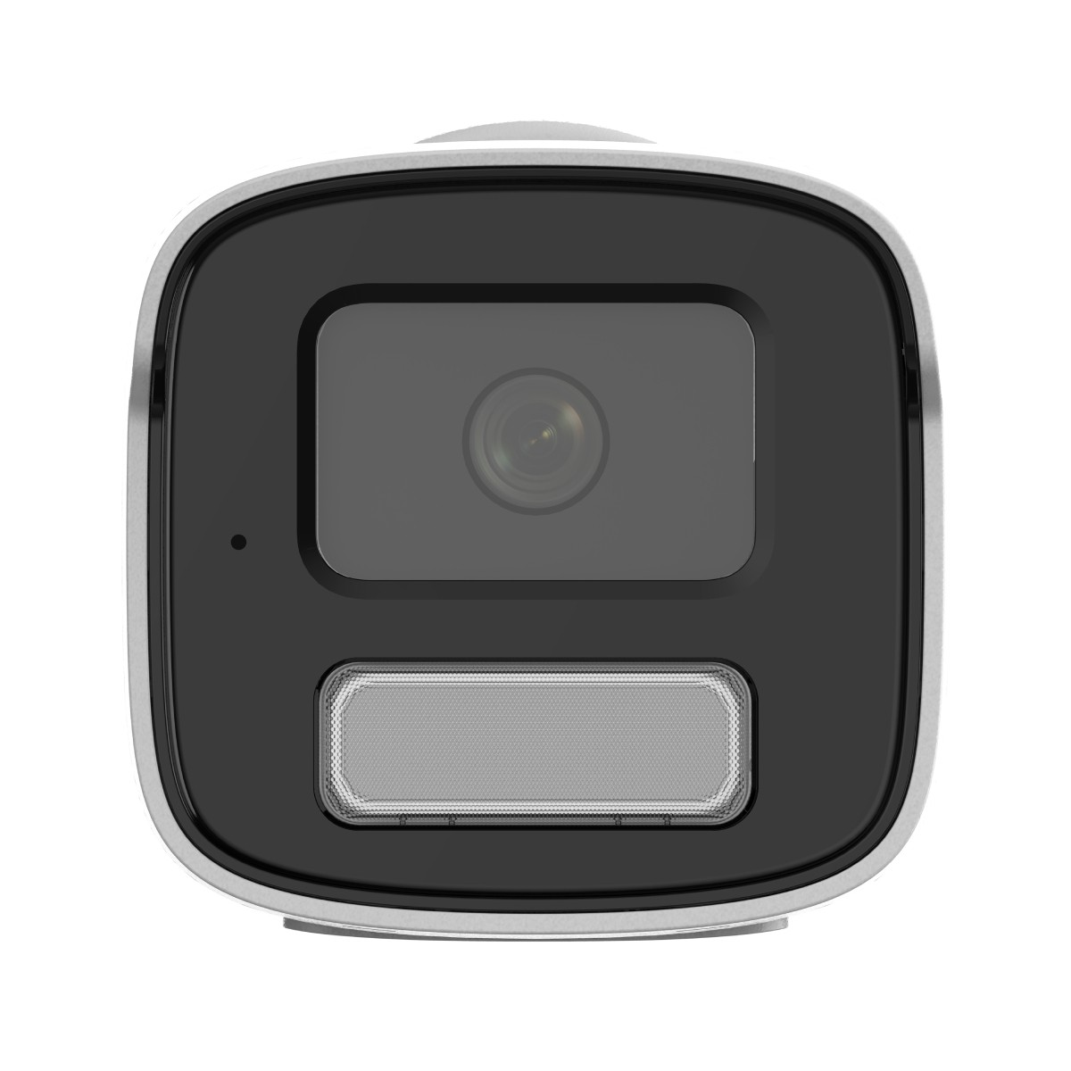 Una telecamera di sicurezza bianca con cornice e obiettivo neri.