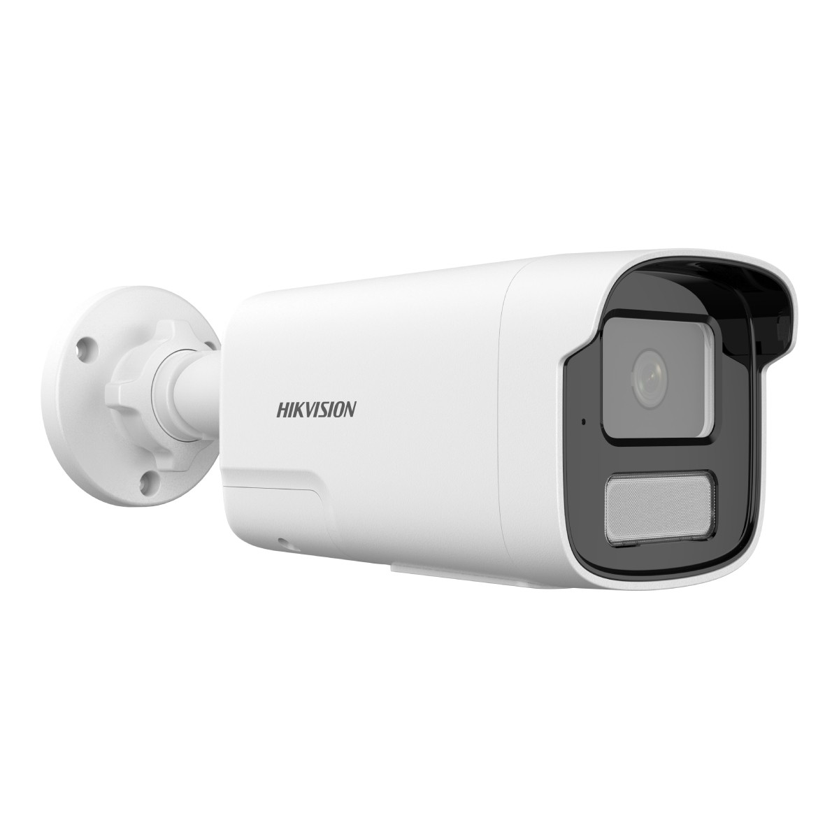 Una telecamera di sicurezza Hikvision bianca con alloggiamento e lente neri.