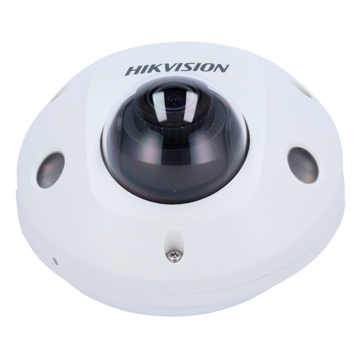 Una telecamera Hikvision bianca con obiettivo a cupola e due luci laterali.
