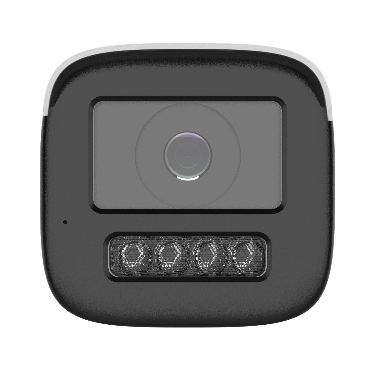 Una telecamera di sicurezza nera con un obiettivo e quattro luci.