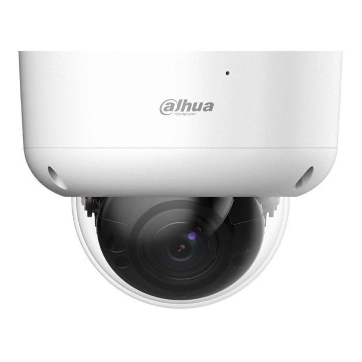 Una cámara de seguridad blanca con lente de cúpula transparente. El logo de Dahua es visible.