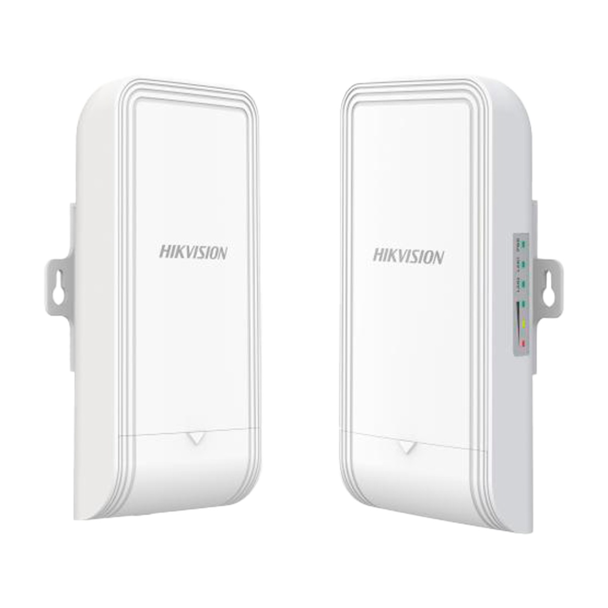 Due dispositivi Hikvision bianchi uno accanto all'altro su sfondo bianco.